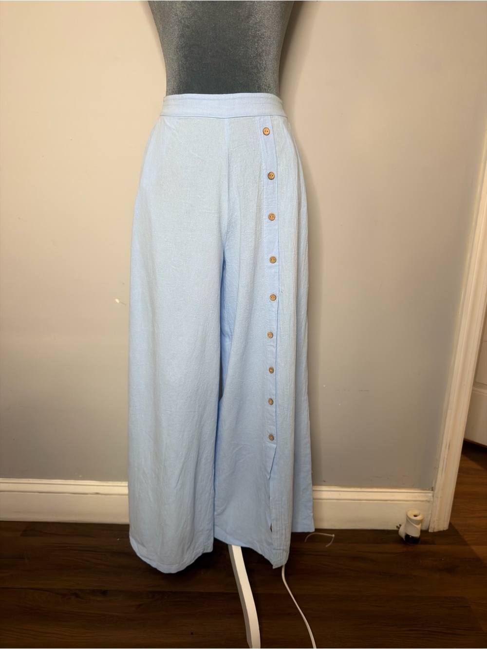 Light Blue Wide-Leg Button-Detail Palazzo Pants